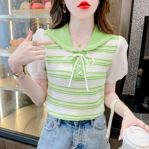 RM20707#娃娃领条纹拼接泡泡袖简约设计感绑带韩版冰丝针织衫气质减龄上衣