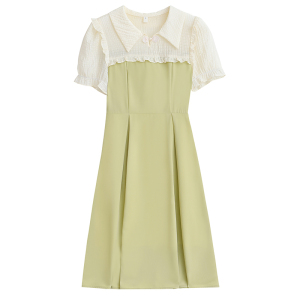 RM18334#夏季新款收腰长袖显瘦法式温柔风娃娃领拼接连衣裙