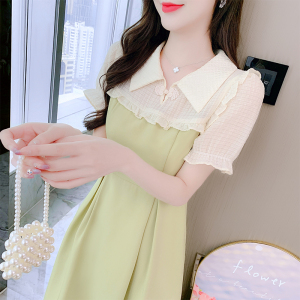 RM18334#夏季新款收腰长袖显瘦法式温柔风娃娃领拼接连衣裙