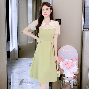 RM18334#夏季新款收腰长袖显瘦法式温柔风娃娃领拼接连衣裙