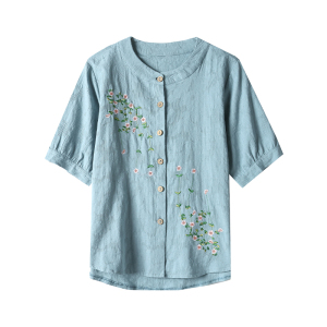 RM16953#新款五分袖亚麻刺绣名族风宽松大码唐装汉服棉麻衬衫衬衣