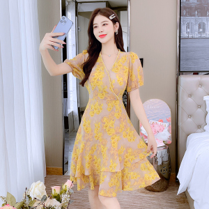 RM18335#V领钉黄色碎花连衣裙女收腰显瘦气质中长款裙子茶歇