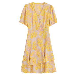 RM18335#V领钉黄色碎花连衣裙女收腰显瘦气质中长款裙子茶歇