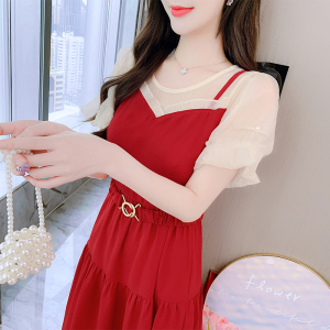 RM18336#法式减龄显高收腰2023新款女夏装显瘦拼接假两件连衣裙