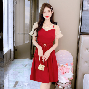 RM18336#法式减龄显高收腰2023新款女夏装显瘦拼接假两件连衣裙