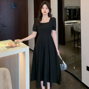 RM16882#黑色连衣裙女夏新款法式复古方领收腰显瘦气质赫本风长款裙子