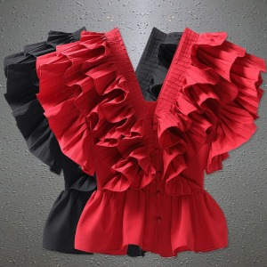 TR38016# 红色V领衬衫女年夏季新款法式收腰设计感小众荷叶边气质上衣纯色 服装批发女装批发服饰货源