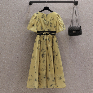 RM16915#大码女装2023夏季新款胖mm复古方领拼接碎花显瘦假两件连衣裙