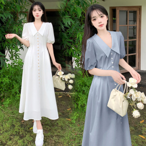 RM17736#大码女装法式气质V领连衣裙夏季温柔风收腰初恋长裙子显瘦仙