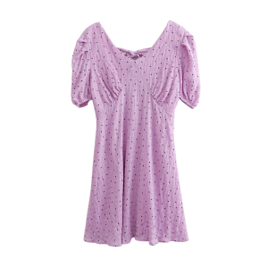 RM17395#夏款闺蜜装法式V领短袖波点收腰泡泡袖紫色连衣裙~短款