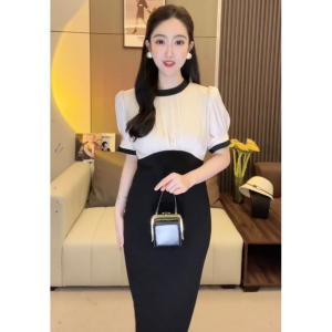 RM16826#大李PLUS 高级感气质法式优雅金白拼黑撞色醋酸连衣裙