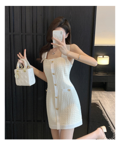 TR38611# 法式小香风挂脖白色连衣裙夏季新款女装高级感气质收腰裙子 服装批发女装批发服饰货源