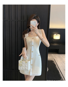 TR38611# 法式小香风挂脖白色连衣裙夏季新款女装高级感气质收腰裙子 服装批发女装批发服饰货源