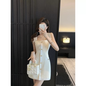 TR38611# 法式小香风挂脖白色连衣裙夏季新款女装高级感气质收腰裙子 服装批发女装批发服饰货源