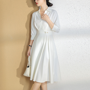 RM17683#茶歇法式高级冷淡风白色连衣裙女夏季轻奢高端别致收腰显瘦中长裙