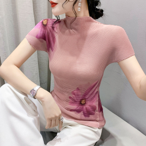 RM22398#气质3D印花上衣女2023夏季时尚设计感大花朵修身显瘦短袖T恤