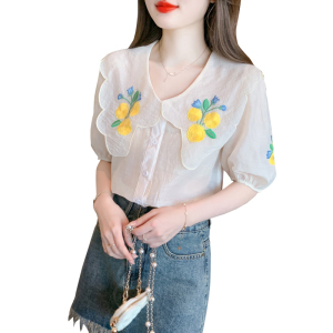 RM23005#甜美刺绣娃娃领短袖衬衫女夏设计感泡泡袖小众法式别致上衣