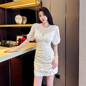 Bubble sleeve pleated design fake two piece slim fit wrap hip dress for women