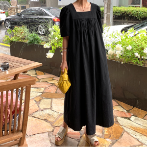 RM18618#韩版大码女装短袖方领宽松连衣裙纯色简约休闲长裙