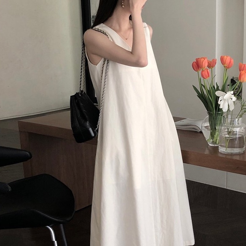 Korean chic summer French retro V-neck loose casual solid color over-the-knee long sleeveless vest dress female