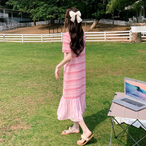 TR38596# 法式粉色网纱鱼尾裙子雪纺连衣裙女夏季新款显瘦休闲t恤长裙 服装批发女装批发服饰货源
