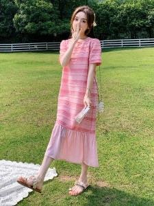 TR38596# 法式粉色网纱鱼尾裙子雪纺连衣裙女夏季新款显瘦休闲t恤长裙 服装批发女装批发服饰货源