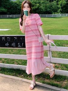 TR38596# 法式粉色网纱鱼尾裙子雪纺连衣裙女夏季新款显瘦休闲t恤长裙 服装批发女装批发服饰货源