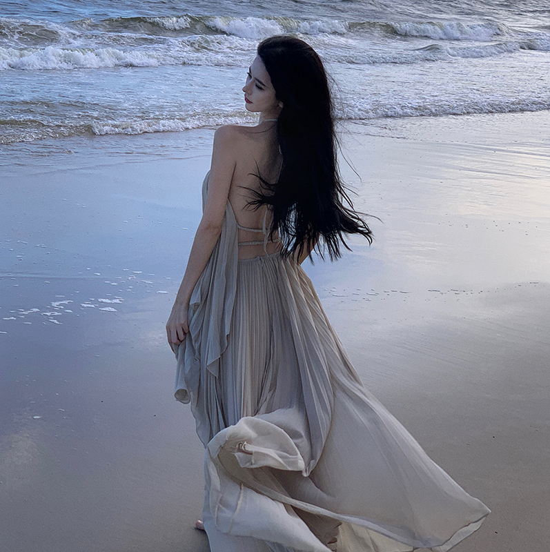 ！實拍海邊度假長裙高級氛圍拍照女神穿搭大擺飄逸仙氣套裝裙