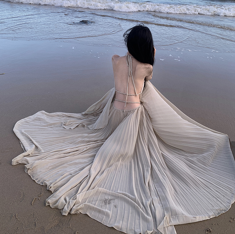 ！實拍海邊度假長裙高級氛圍拍照女神穿搭大擺飄逸仙氣套裝裙
