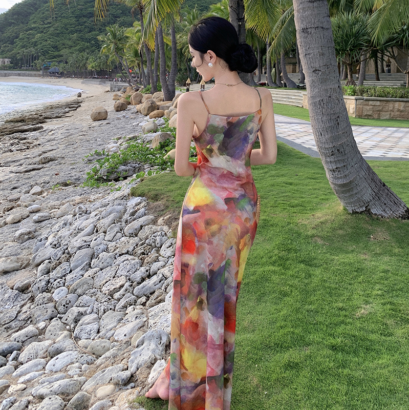 實拍海邊復古莫奈油畫色彩吊帶連衣裙女夏小個子修身裙