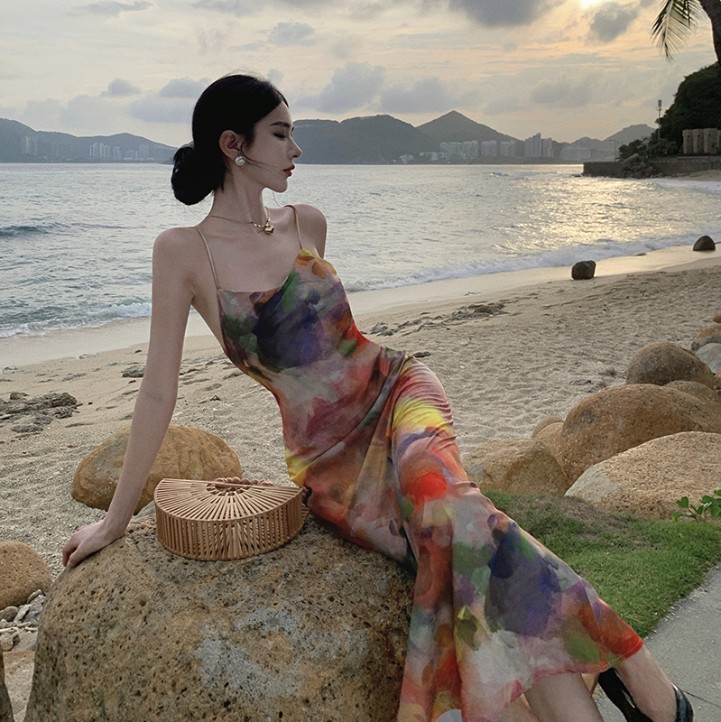 實拍海邊復古莫奈油畫色彩吊帶連衣裙女夏小個子修身裙