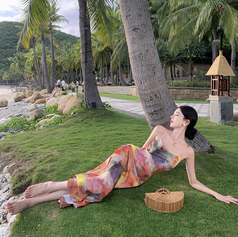 實拍海邊復古莫奈油畫色彩吊帶連衣裙女夏小個子修身裙