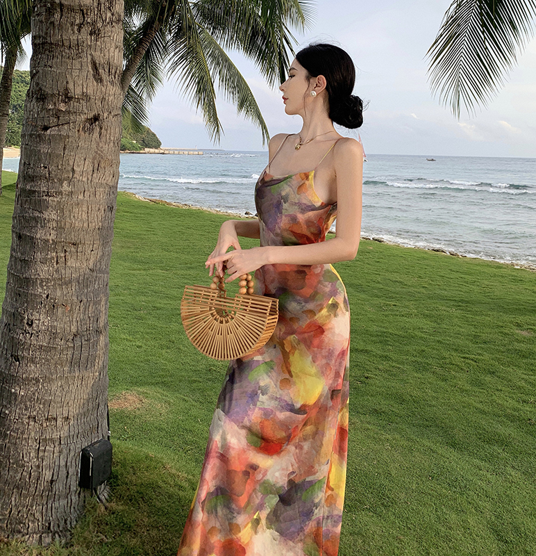 實拍海邊復古莫奈油畫色彩吊帶連衣裙女夏小個子修身裙