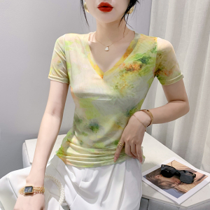 RM22396#夏季时尚纱网印花定位花短袖V领修身显瘦洋气上衣潮