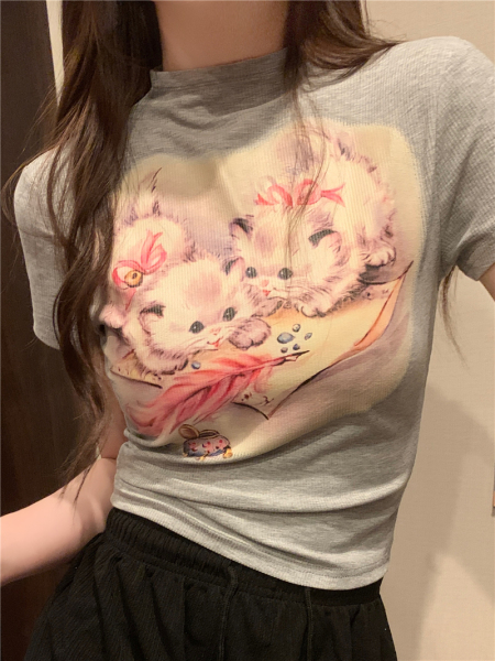 RM18014#夏季新款修身显瘦辣妹卡通猫咪印花短袖T恤女上衣