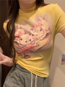 RM18014#夏季新款修身显瘦辣妹卡通猫咪印花短袖T恤女上衣