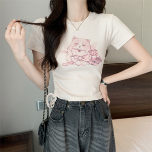 RM20045#纯欲猫咪印花抽绳修身短袖t恤夏季圆领短款正肩上衣