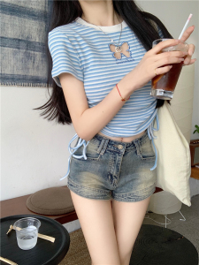 RM17249#夏季新款镂空蝴蝶条纹短袖T恤女设计感小众辣妹绑带上衣