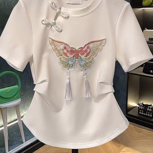 TR41809# 新中式重工白色短袖t恤国风女装新款夏季时尚小个子短款上衣 服装批发女装批发服饰货源