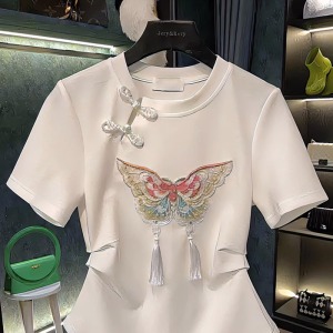 TR41809# 新中式重工白色短袖t恤国风女装新款夏季时尚小个子短款上衣 服装批发女装批发服饰货源