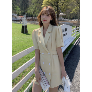 RM17390#夏季新款韩版女装气质翻领西装修身双排扣短袖连衣裙