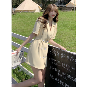 RM17390#夏季新款韩版女装气质翻领西装修身双排扣短袖连衣裙
