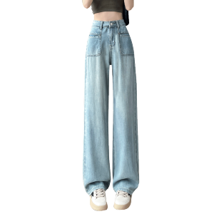 RM21593#粉色阔腿牛仔裤女2023年夏季薄款高腰设计感宽松垂感直筒裤子