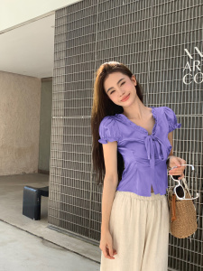 RM17441#蓝色/紫色缎面短袖衬衫女夏季清凉设计感v领上衣
