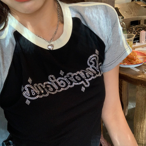 RM20306#纯棉包后领 美式辣妹设计感 原版做法甜辣字母镶钻短袖T恤