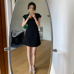 TR38598# 夏新款圆领短袖气质收腰显瘦立裁a字连衣裙黑短裙女 服装批发女装批发服饰货源