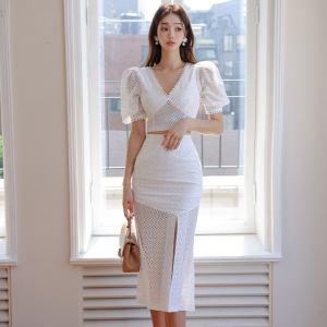 V-neck Slim Fit Lace Top Fashion Split Wrap Hip Skirt Set