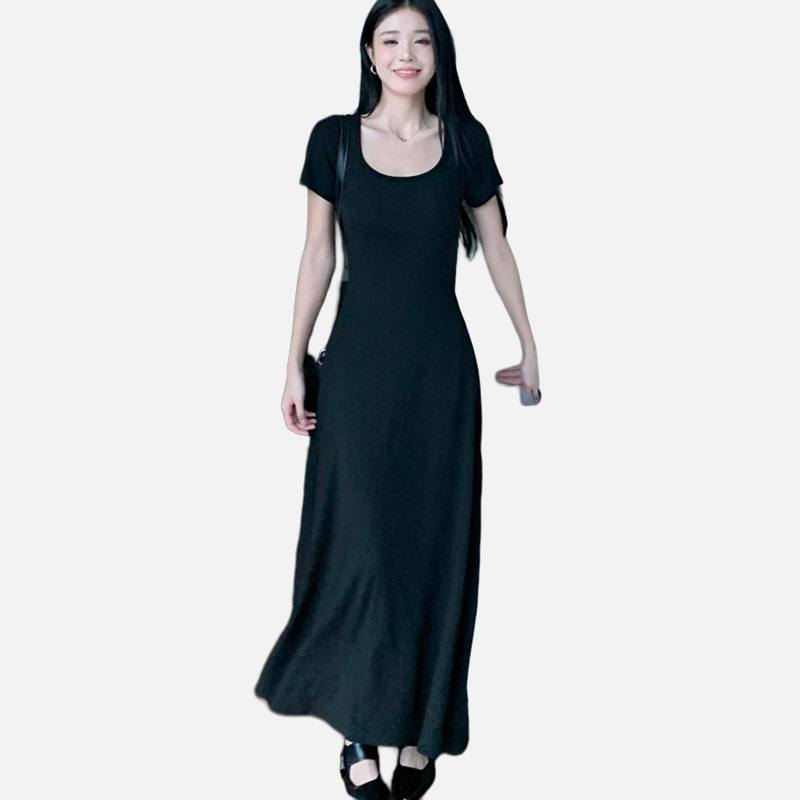 实拍 法式夏季黑色长款连衣裙方领裙子