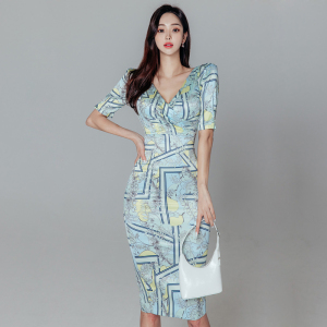 RM19811#夏季新款韩版修身气质V领中长款印花性感包臀时尚连衣裙