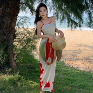 TR41301# 新中式扎染红色吊带连衣裙夏季小众设计感显瘦修身气质长裙 服装批发女装批发服饰货源